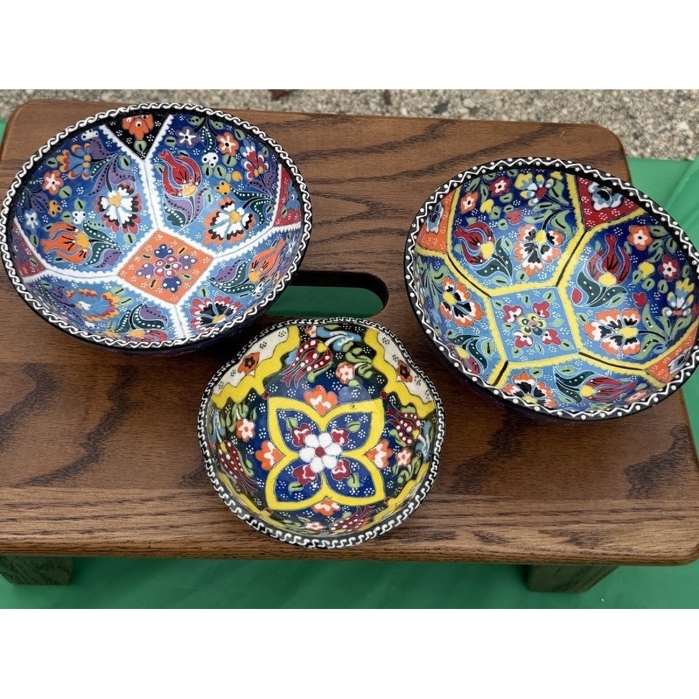 Set of 3 Handmade‎ Turkish Kutahya Ceramic Bowls Colorful Floral 6"